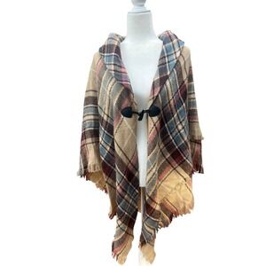Modena Womens One Size Poncho Sweater Taupe Brown Plaid Button Front Acrylic